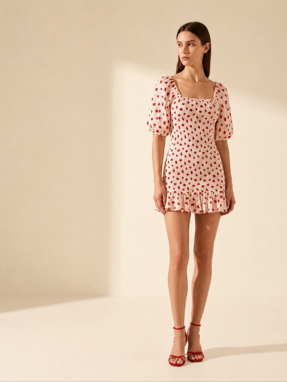Red White Smocked Mini Dress Size S Strawberry Print Puff Sleeve Ruffle Stretch